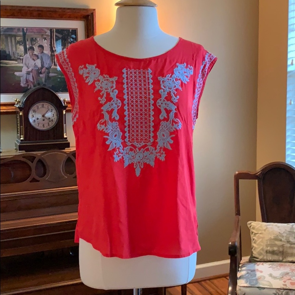 Red & blue large embroidered sleeves top
